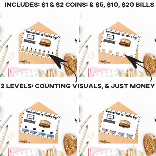 Task Cards: How Many Bills Do I Pay With? Fast Food: Canadian Currency (Printable PDF) Money Awareness - AdaptEd4SpecialEd