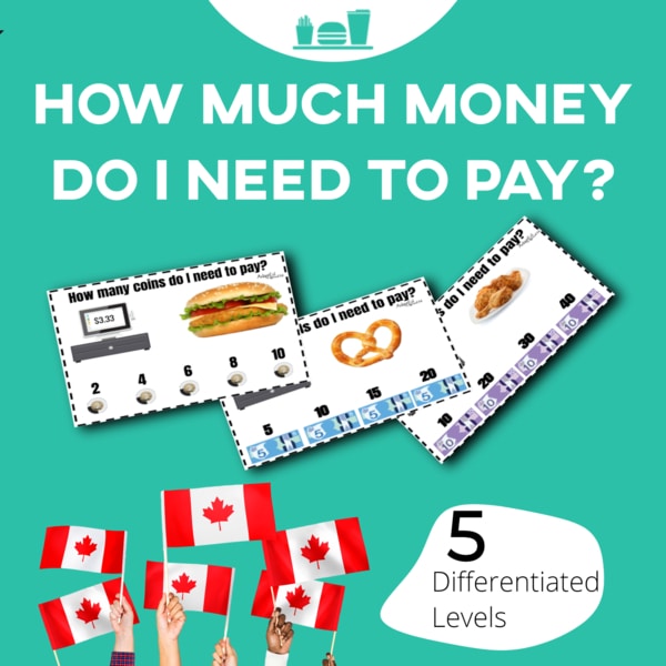 Task Cards: How Many Bills Do I Pay With? Fast Food: Canadian Currency (Printable PDF) Money Awareness - AdaptEd4SpecialEd