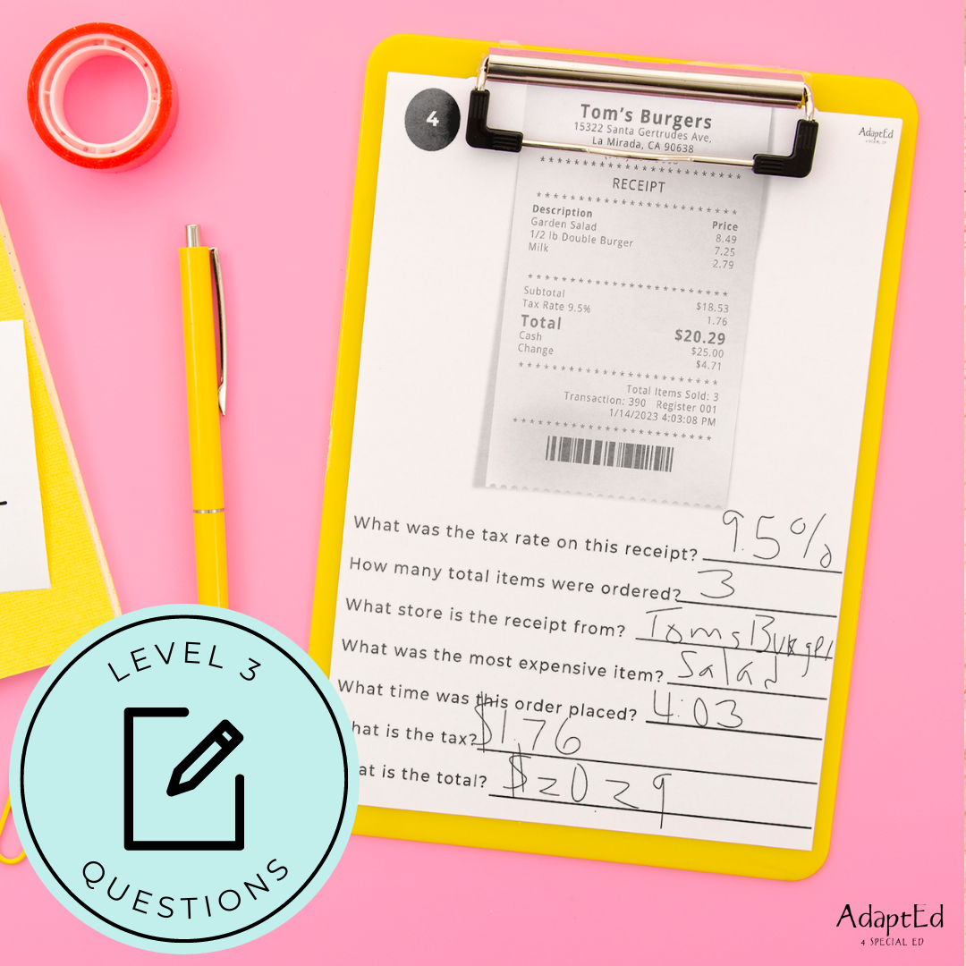 Receipt Reading Comprehension (Printable PDF)