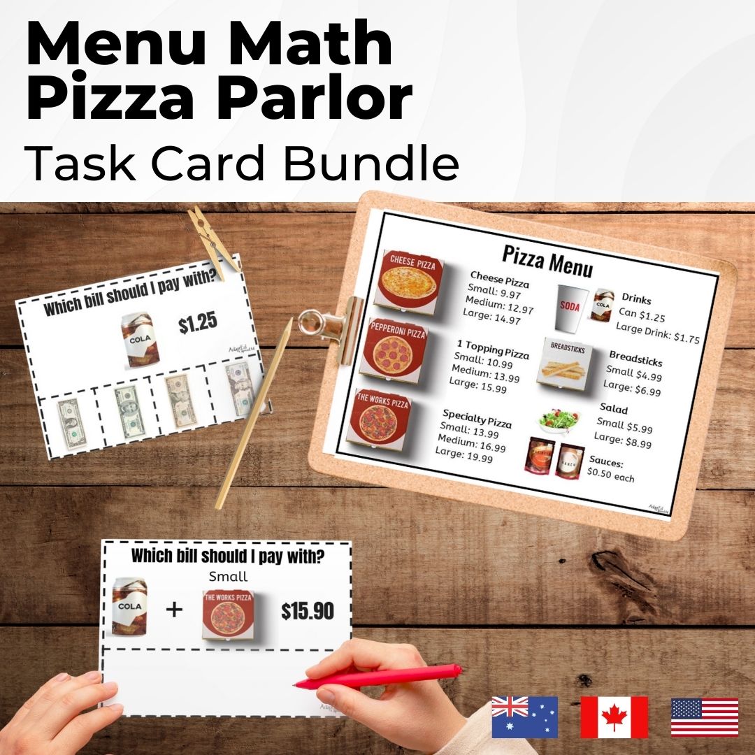 Menu Math Pizza Parlor 4 Task Card Decks (Printable PDF) Menu Math - AdaptEd4SpecialEd