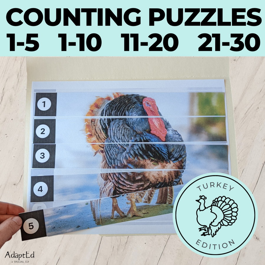 Thanksgiving Turkey Counting Puzzles: Counting 1-5 1-10 11-20 21-30 (Printable PDF)