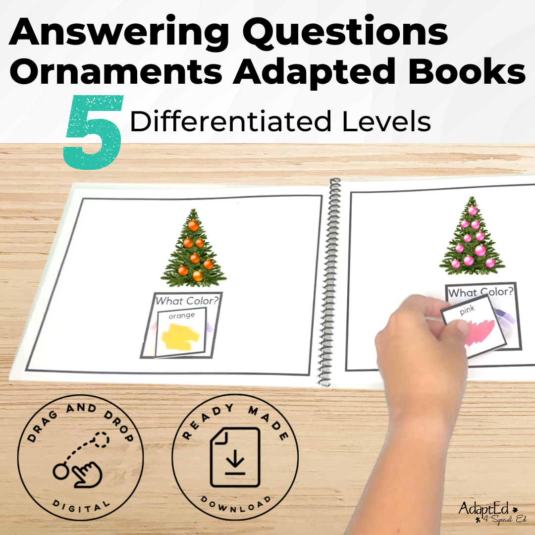 Answering Simple Questions Adapted Books Christmas Ornaments 🎄 (Printable PDF + Digital) Wh Questions - AdaptEd4SpecialEd