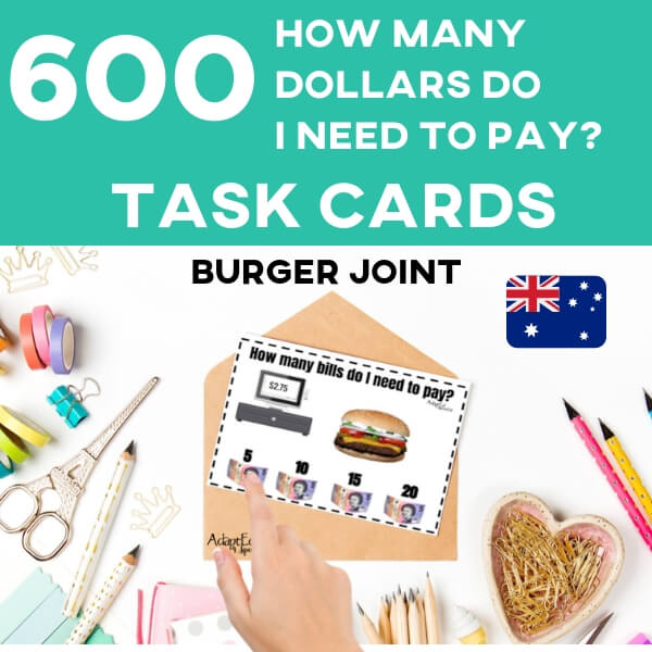 Task Cards: How Many Bills Do I Pay With? Burger Joint: Australian Currency (Printable PDF) Money Awareness - AdaptEd4SpecialEd