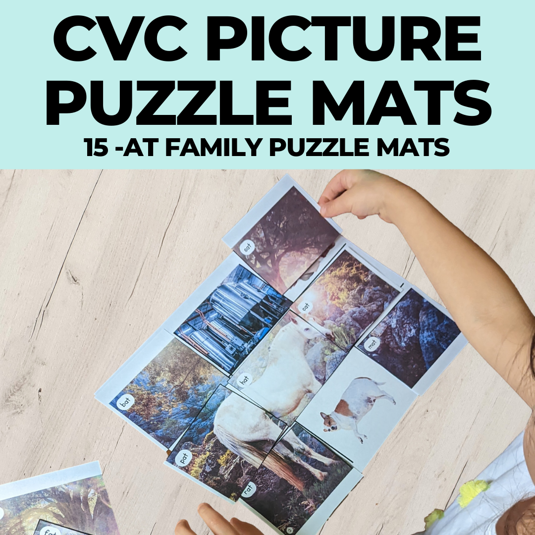 CVC Picture Puzzle Mats (-at family words) Unicorn and Transportation Themed - AdaptEd4SpecialEd
