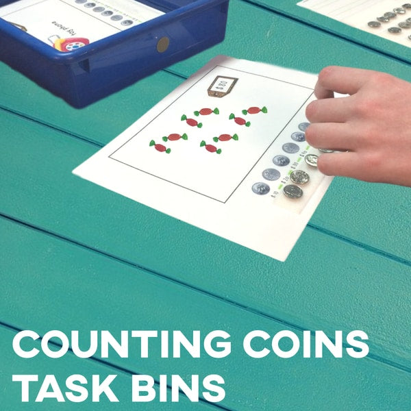 Counting Coins: "Buying Snacks" Task Bin Activity BUNDLE (Interactive Digital + Printable PDF) Coins - AdaptEd4SpecialEd