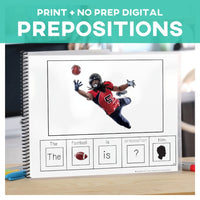 Thumbnail for Prepositions Sports Adapted Books and Task Cards Set of 6 Books + 5 Sets of Task Cards (Printable PDF's + Interactive Digital) Prepositions - AdaptEd4SpecialEd