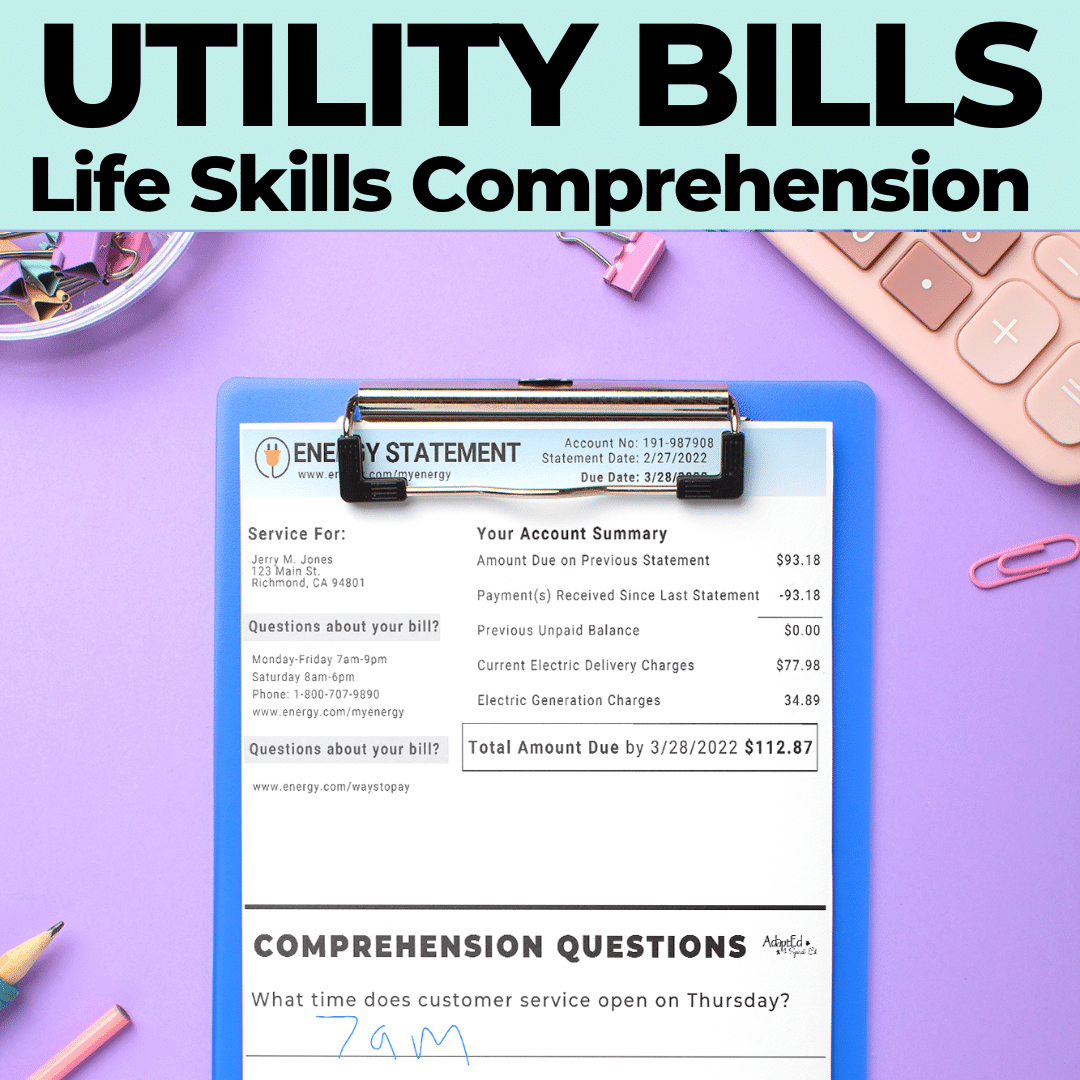 Utility Bills Reading Comprehension (Printable PDF) File Folders - AdaptEd4SpecialEd