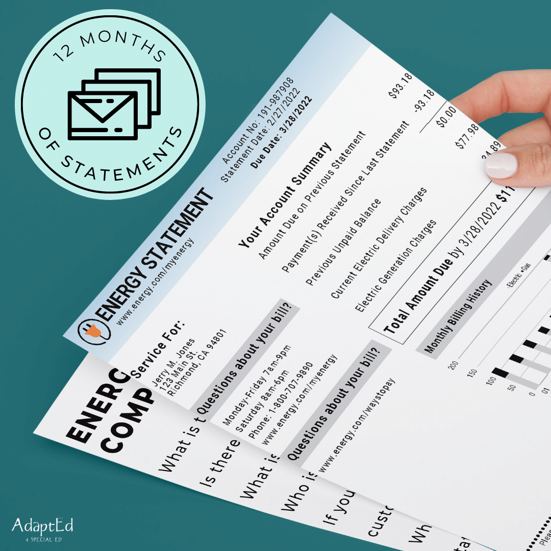 Utility Bills Reading Comprehension (Printable PDF) File Folders - AdaptEd4SpecialEd