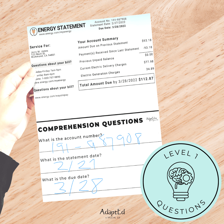 Utility Bills Reading Comprehension (Printable PDF) File Folders - AdaptEd4SpecialEd