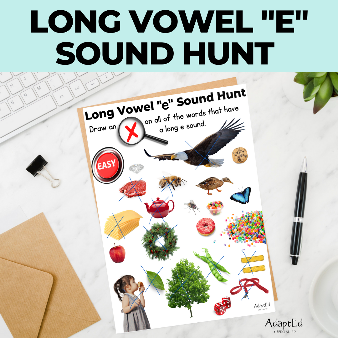 Long Vowel Sound Hunt Worksheets "E" I Spy - 5 Printable Worksheets - AdaptEd4SpecialEd
