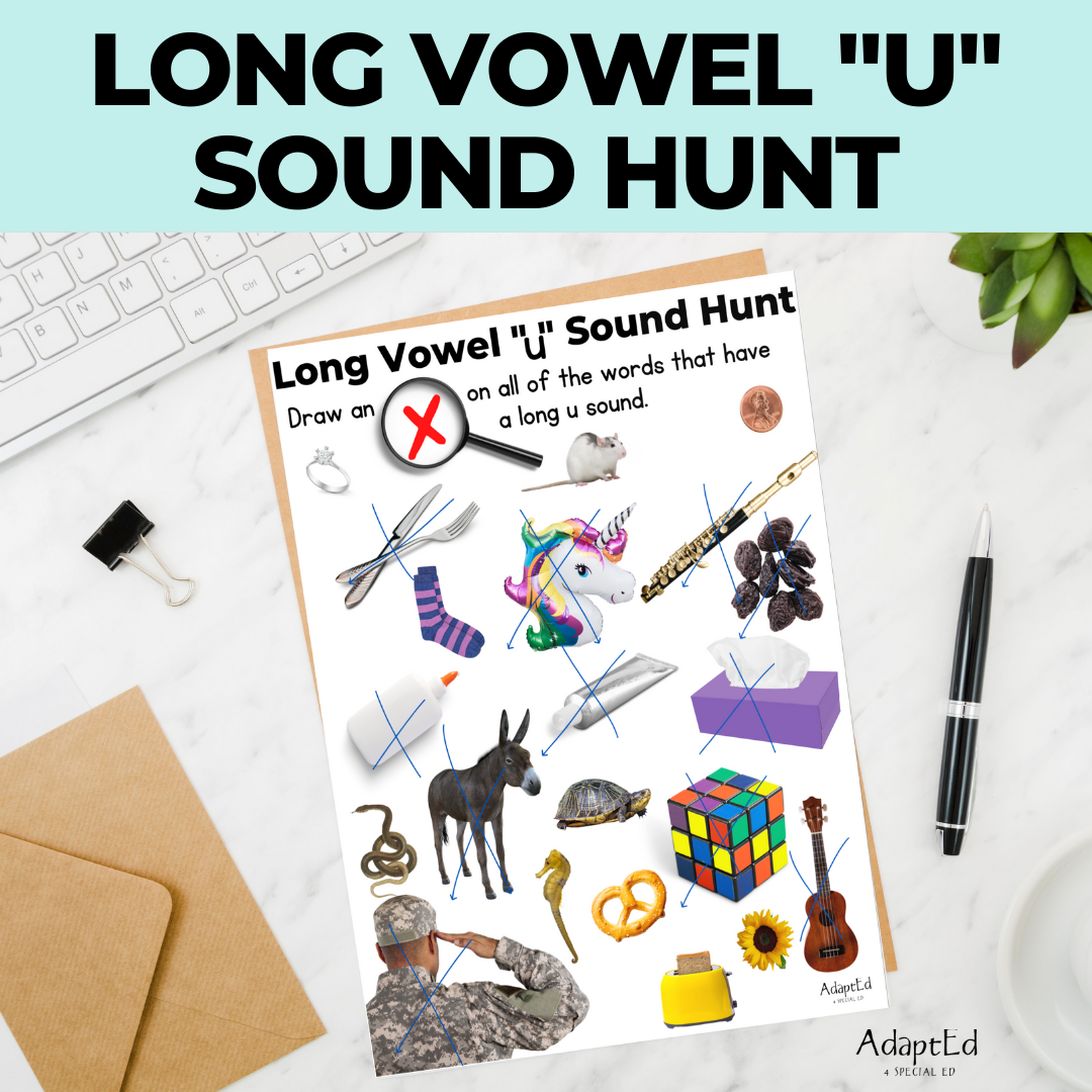 Long Vowel Sound Hunt Worksheets "U" I Spy - 5 Printable Worksheets - AdaptEd4SpecialEd