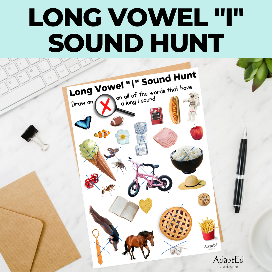 Long Vowel Sound Hunt Worksheets "I" I Spy - 5 Printable Worksheets - AdaptEd4SpecialEd