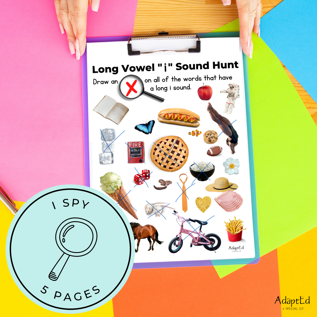 Long Vowel Sound Hunt Worksheets "I" I Spy - 5 Printable Worksheets - AdaptEd4SpecialEd