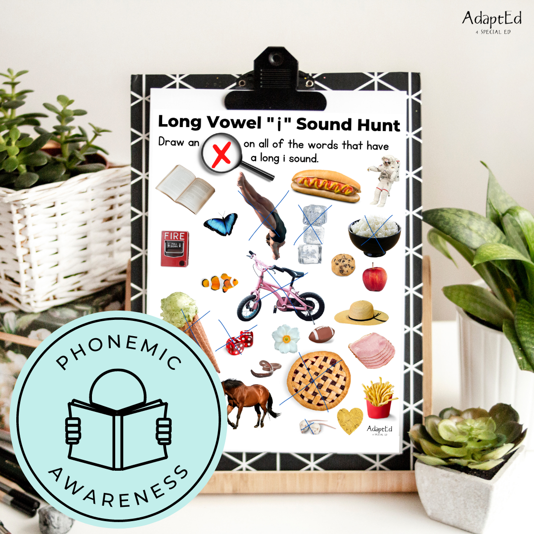 Long Vowel Sound Hunt Worksheets "I" I Spy - 5 Printable Worksheets - AdaptEd4SpecialEd