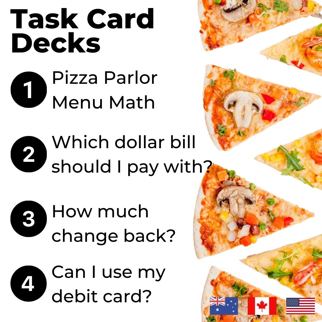 Menu Math Pizza Parlor 4 Task Card Decks (Printable PDF) Menu Math - AdaptEd4SpecialEd