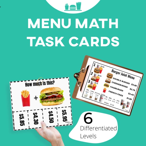 Task Cards: Menu Math Burger Joint, Next Dollar Up, Bills, Debit Card (Printable PDF) Menu Math - AdaptEd4SpecialEd
