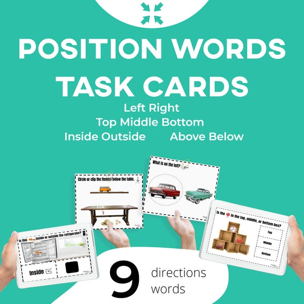 Task Cards: Position Words: Left, Right, Middle, Top, Bottom, Inside, Outside, Above and Below (Interactive Digital + Printable PDF) Prepositions - AdaptEd4SpecialEd