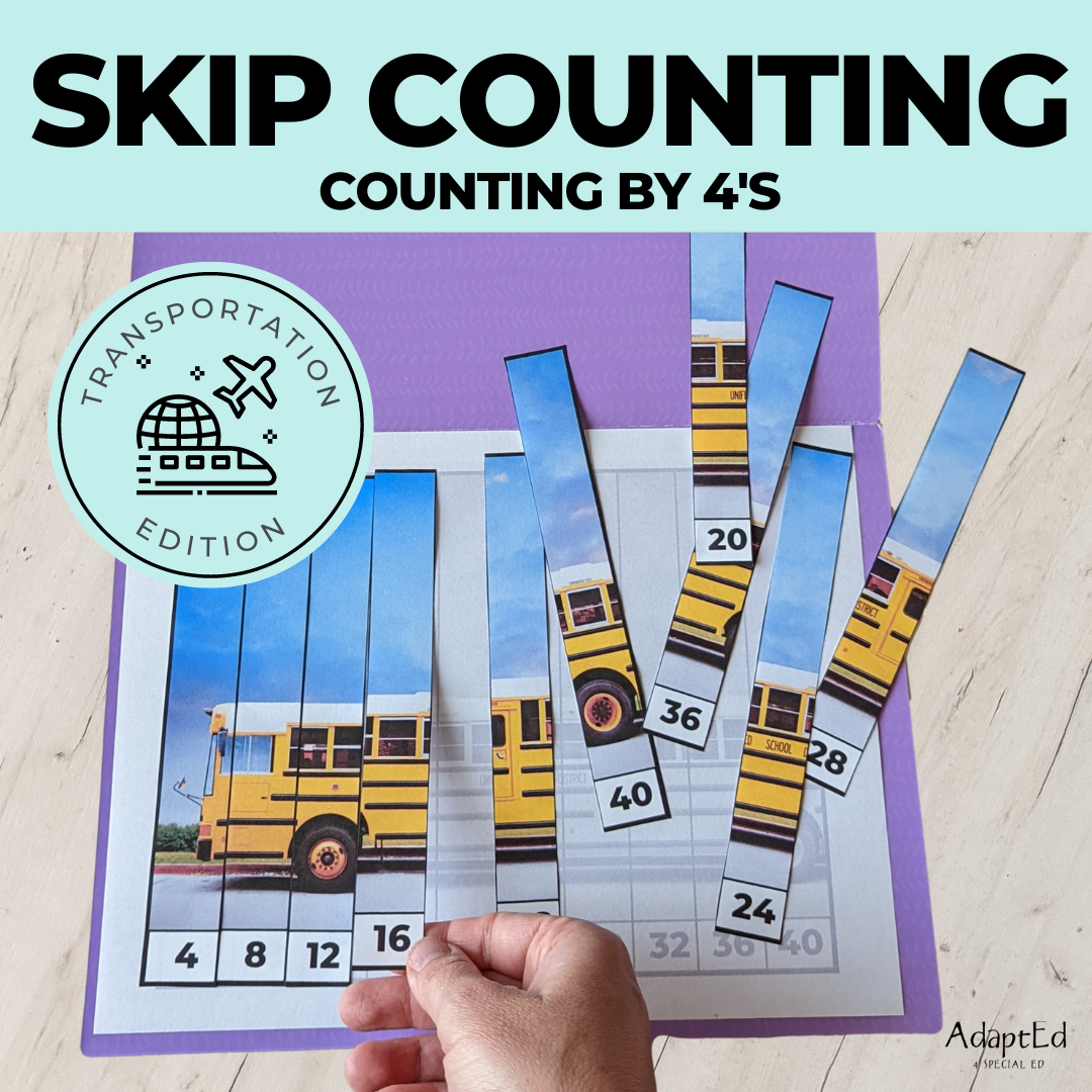 Skip Counting Puzzles: Counting by 4's: Vehicles Transportation (Printable PDF) - AdaptEd4SpecialEd