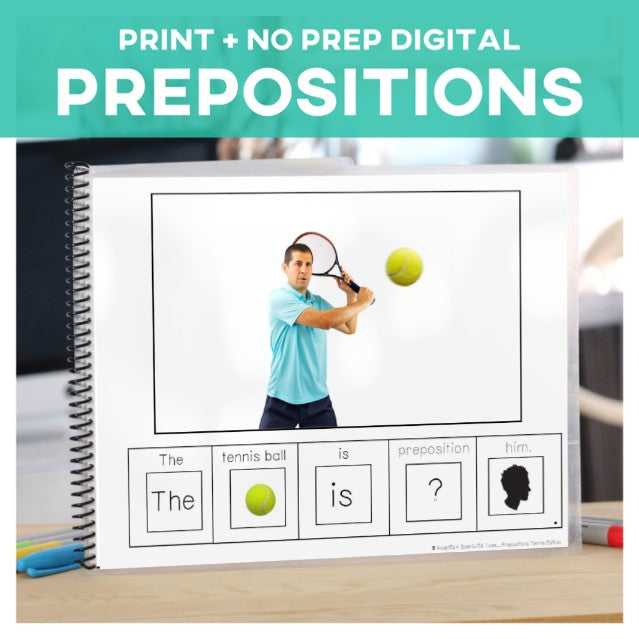 Prepositions Sports Adapted Books and Task Cards Set of 6 Books + 5 Sets of Task Cards (Printable PDF's + Interactive Digital) Prepositions - AdaptEd4SpecialEd
