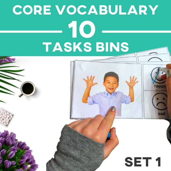 Core Vocabulary | Task Bins | Set 1: Get · Eat · Drink · Put · Happy · Sad Core Vocabulary - AdaptEd4SpecialEd